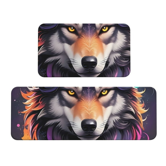 Sikiie Colorful Wolf Head A Kitchen Mat 2 PCS Cushioned Kitchen Rug, Waterproof Non-Slip Kitchen Mats for Kitchen, Floor Home, Sink, Laundry