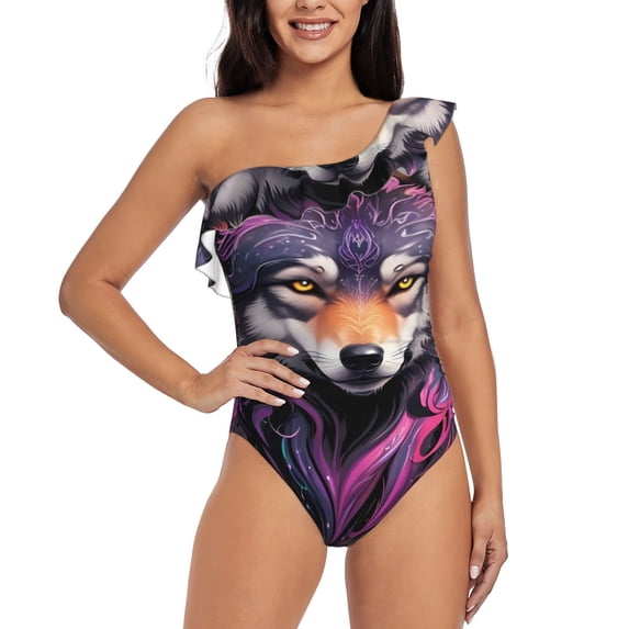 Sikiie Colorful Wolf Head A Print Women One Piece Swimsuits Tummy Control One Shoulder Bathing Suits Ruffle Swimwear, From S to XXL-XX-Large
