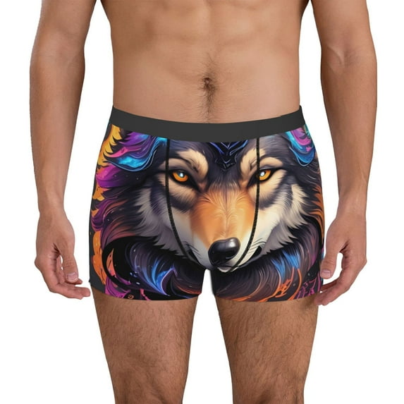 Sikiie Colorful Wolf Head Print Men's Boxer Briefs, Elastic Waistband Boxer Briefs Leggings-XX-Large