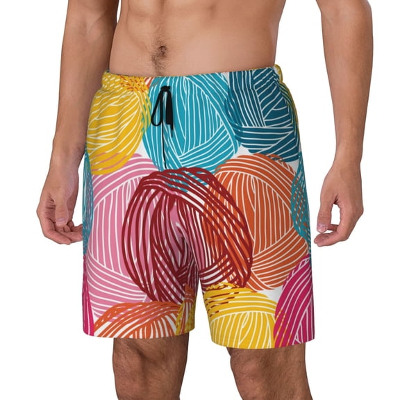 Sikiie Colorful Wool Balls Print Men's Double Layer Swimming Trunks, Adjustable Waistband and Pockets Sports Swimming Trunks, Beach Swimwear-Large