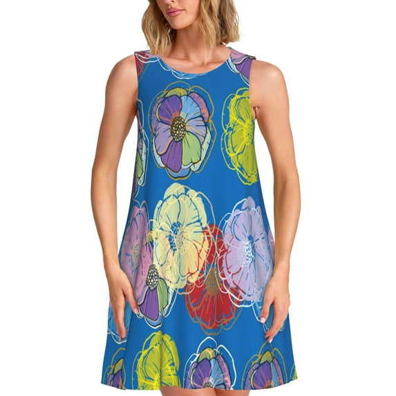 Sikiie Colorful floral Print Women's Sleeveless Dress with Pockets Round Neck Sundress, Suitable for Daily, Office, Vacation Summer Wear
