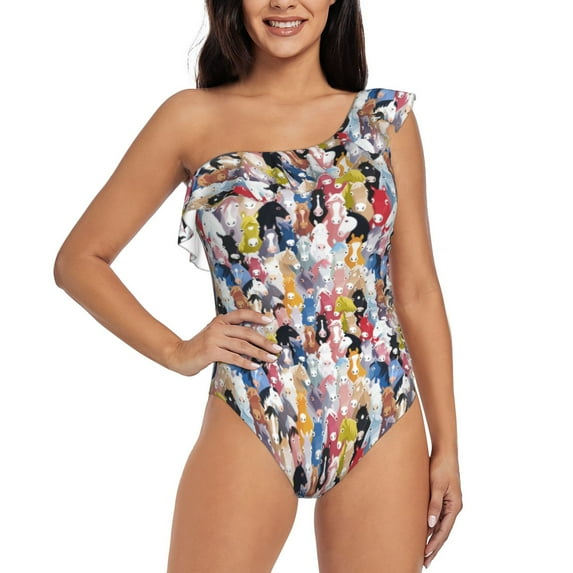 Sikiie Colourful Horses Print Women One Piece Swimsuits Tummy Control One Shoulder Bathing Suits Ruffle Swimwear, From S to XXL-Medium