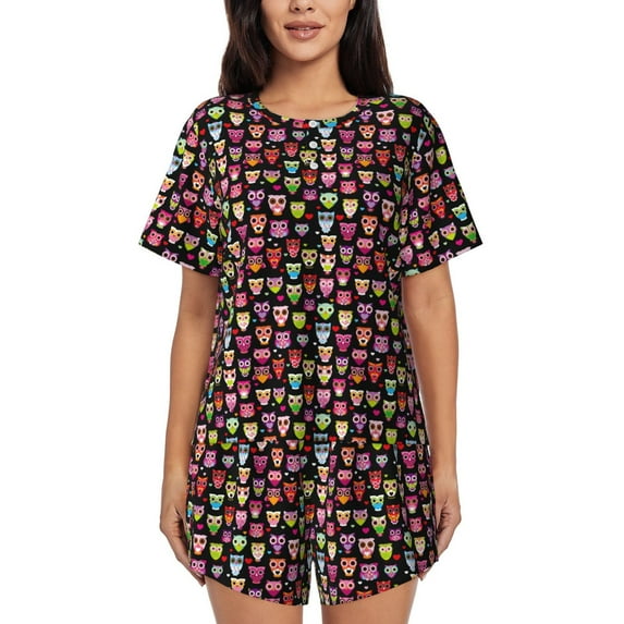 Sikiie Colourfull Owl Womens Pajama Sets Short Sleeve Top With Pants Sleepwear 2 Piece Lounge SetX-Large