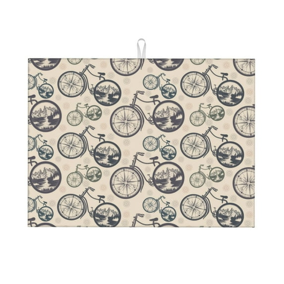 Sikiie Compass And Mountains In Bicycle Wheels Dish Drying Mat, Kitchen Counter Mat, Self Drying Mat for Kitchen Counter Dish Drying Pad ,for Dishes, Utensils, Pots and Pans(24" x 18")