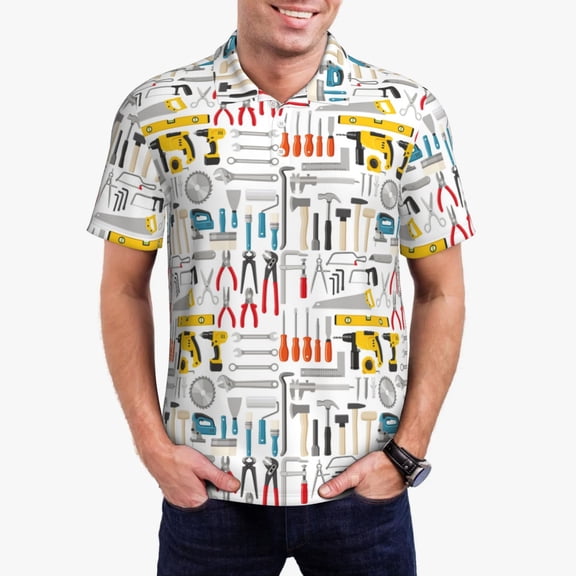 Sikiie Construction tools Print Men's Short-sleeved POLO Shirts, Button-down Shirts and T-shirts are Suitable for Vacation, Leisure and Business-Small