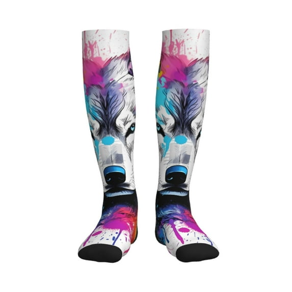Sikiie Cool Colorful Wolf 1 Pairs Compression Socks for Men and Women 15-20 mmHg Running Support Socks