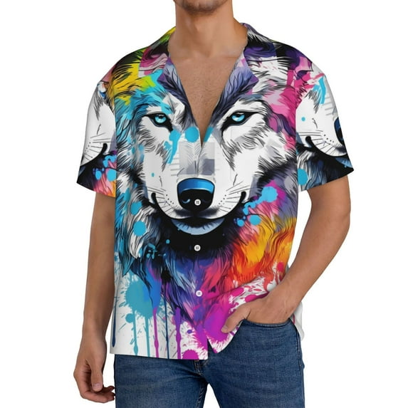 Sikiie Cool Colorful Wolf Men's Wrinkle Free Untucked Cuban Shirt Business Casual Button Down Shirts Short Sleeve ShirtSmall