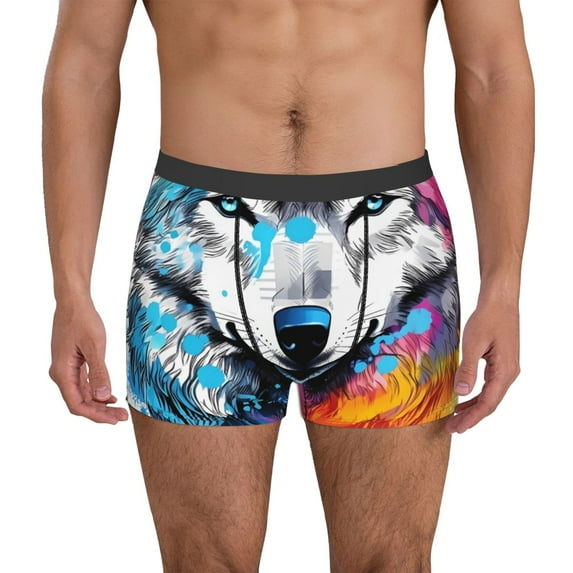 Sikiie Cool Colorful Wolf Print Men's Boxer Briefs, Elastic Waistband Boxer Briefs Leggings-Large