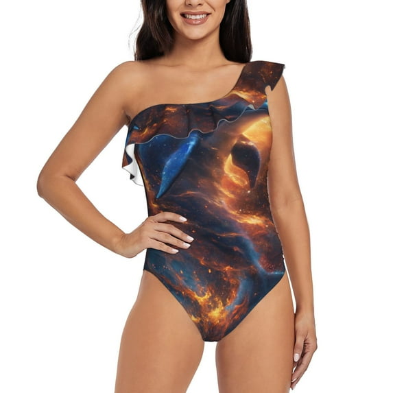 Sikiie Cool Dolphin Print Women One Piece Swimsuits Tummy Control One Shoulder Bathing Suits Ruffle Swimwear, From S to XXL-Medium