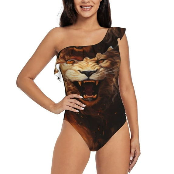 Sikiie Cool Fire Lion Print Women One Piece Swimsuits Tummy Control One Shoulder Bathing Suits Ruffle Swimwear, From S to XXL-XX-Large