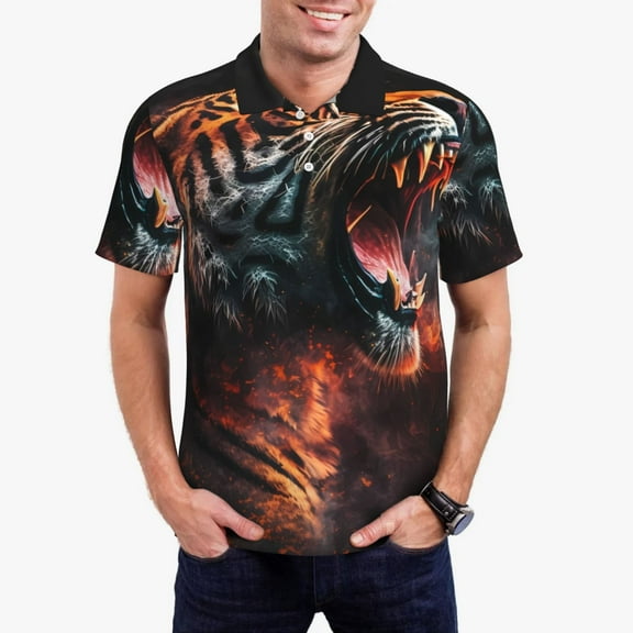 Sikiie Cool Tiger Print Men's Short-sleeved POLO Shirts, Button-down Shirts and T-shirts are Suitable for Vacation, Leisure and Business-Small