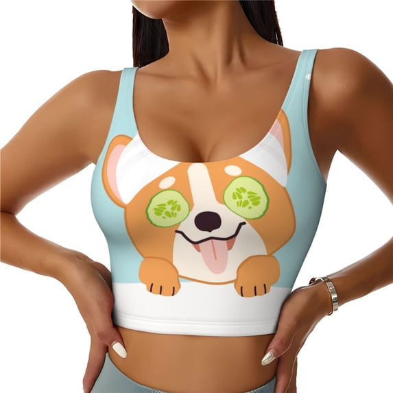 Sikiie Corgi With Towel Ans Slice Cucumber Print Strappy Sports Bra for Women Padded Push Up Sports Bra Athletic Running Sports Bra Workout Bra Yoga Bra
