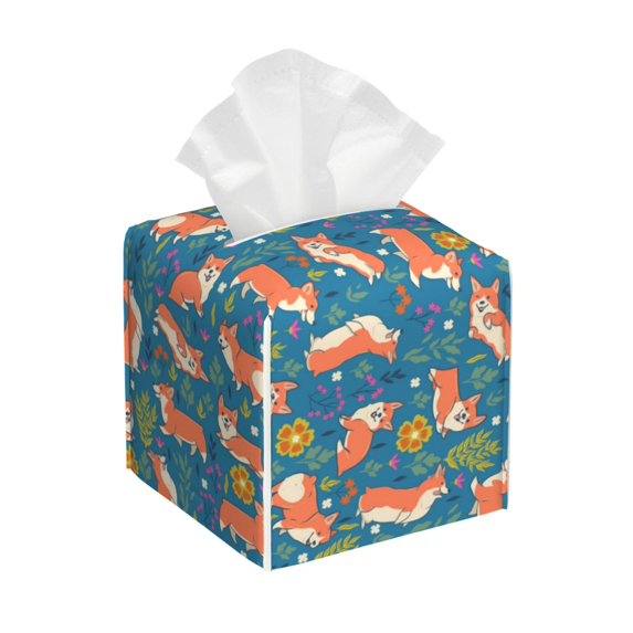Sikiie Corgi with Flowers Leather Tissue Box Cover Square, tissue box holder, Tissue Box with Bottom Belt-5.2”x5.2”x5.2”