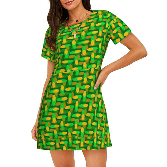 Sikiie Corn 4 Print Women's Short-sleeved Nightdress, Round Neck Pullover Nightdress Pajamas Summer Home Wear