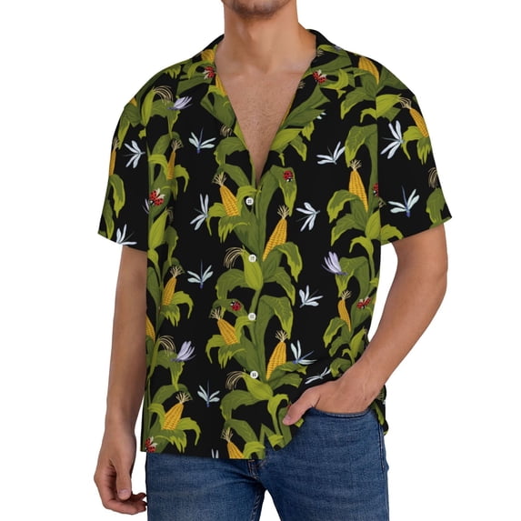 Sikiie Corn And Dragonflies Men's Wrinkle Free Untucked Cuban Shirt Business Casual Button Down Shirts Short Sleeve ShirtXX-Large