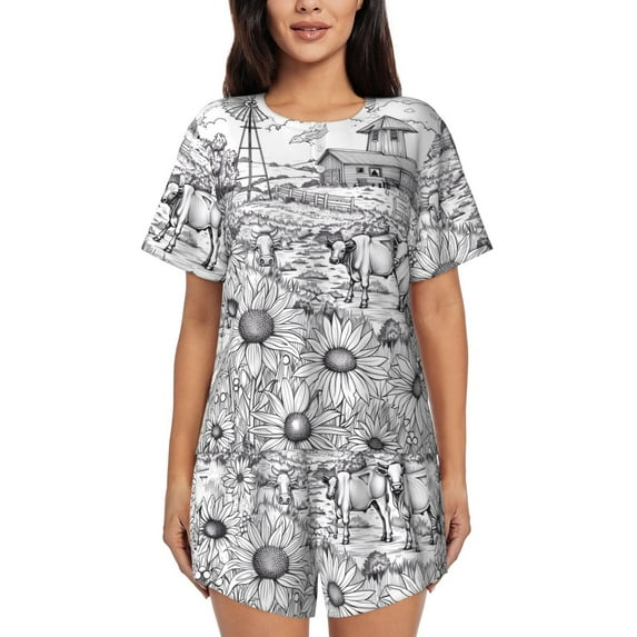 Sikiie Country Farm Scene Womens Pajama Sets Short Sleeve Top With Pants Sleepwear 2 Piece Lounge Set-Medium