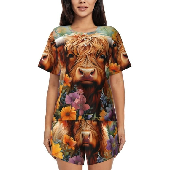 Sikiie Countryside Colorful Floral Cow Womens Pajama Sets Short Sleeve Top With Pants Sleepwear 2 Piece Lounge Set