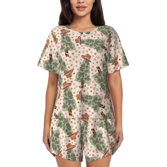 Sikiie Cowboy Christmas Trees Womens Pajama Sets Short Sleeve Top With Pants Sleepwear 2 Piece Lounge Set-