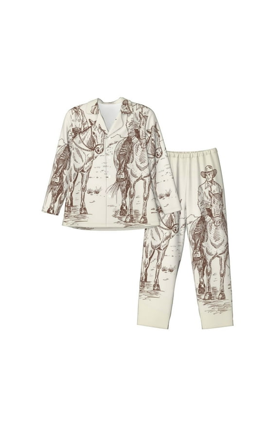 Cowboys Riding Horses In Desert Mens Pajama Set, Soft Warm Long Sleeve Sleepwear, Cozy Button-Down Pjs for Men-
