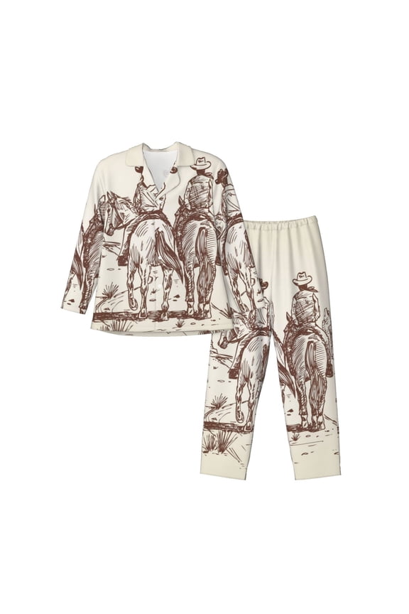 Cowboys Riding Horses Mens Pajama Set, Soft Warm Long Sleeve Sleepwear, Cozy Button-Down Pjs for Men-Medium
