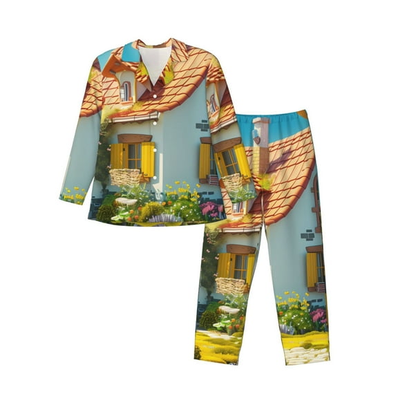 Sikiie Cozy Cartoon Backyard Mens Pajama Set, Soft Warm Long Sleeve Sleepwear, Cozy Button-Down Pjs for Men-XX-Large