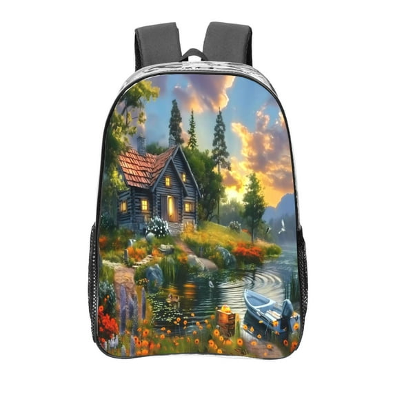 Sikiie Cozy Cottage Lakeside Sunset Clear Backpack, Transparent Bookbag for School for Women Men, Capacity Clear Bag for College, Travel