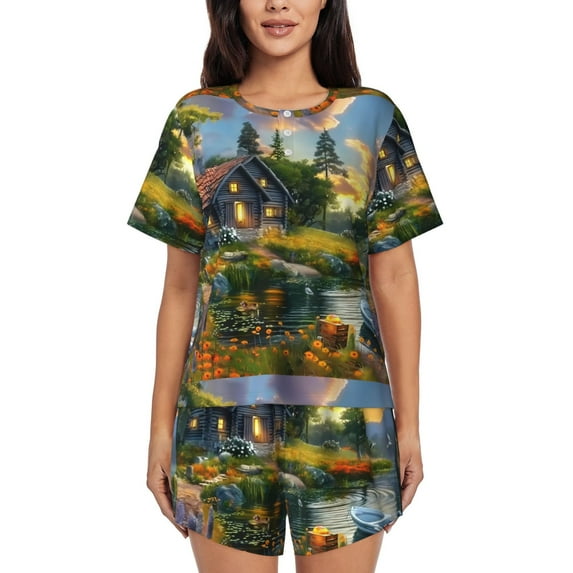 Sikiie Cozy Cottage Lakeside Sunset Womens Pajama Sets Short Sleeve Top With Pants Sleepwear 2 Piece Lounge Set-Small