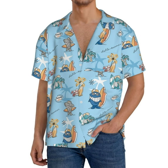 Sikiie Cute Animals Surfers Men's Cuban Shirt, Hawaiian Shirts, Business Casual Button Down Shirts, Short Sleeve Shirt-4X-Large