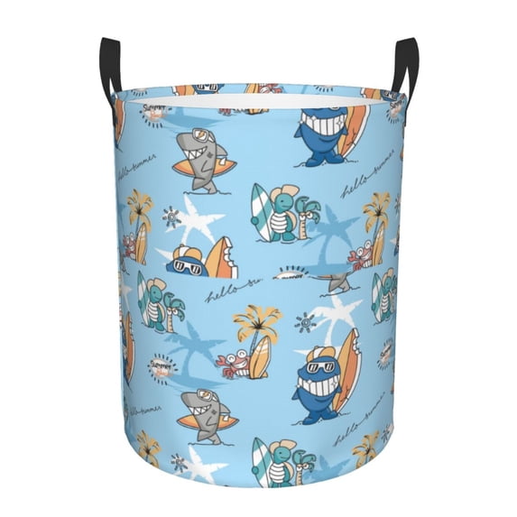 Sikiie Cute Animals Surfers Print Round Dirty Clothes Basket, Waterproof Standing Foldable Storage Basket, for Laundry Room, Bedroom, Bathroom Storage-Small
