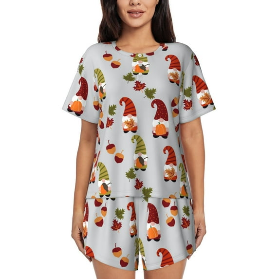 Sikiie Cute Autumn Gnomes Womens Pajama Sets Short Sleeve Top With Pants Sleepwear 2 Piece Lounge Set3X-Large