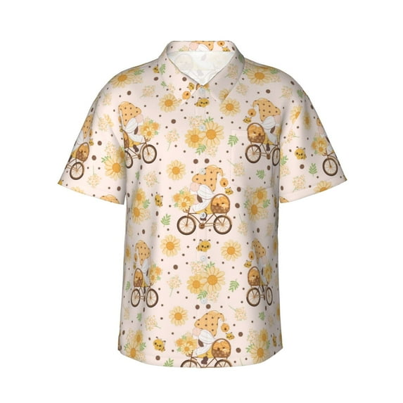 Sikiie Cute Bee Gnome1 Print Men's Hawaiian Shirt, Summer Beach Button Pocket Short Sleeve T-Shirt,Large
