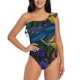 thumbnail image 1 of Sikiie Cute Blue Frog Print Women One Piece Swimsuits Tummy Control One Shoulder Bathing Suits Ruffle Swimwear, From S to XXL-Medium, 1 of 6