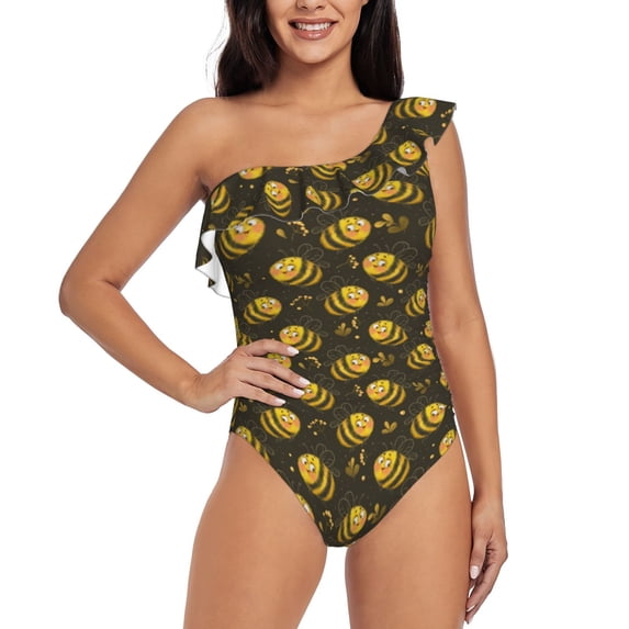 Sikiie Cute Cartoon Bees Print Women One Piece Swimsuits Tummy Control One Shoulder Bathing Suits Ruffle Swimwear, From S to XXL-X-Large