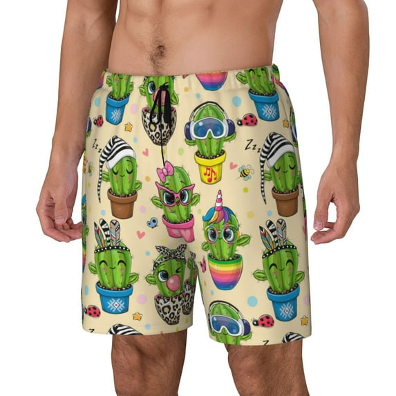 Sikiie Cute Cartoon Cactus Print Men's Double Layer Swimming Trunks, Adjustable Waistband and Pockets Sports Swimming Trunks, Beach Swimwear-Small