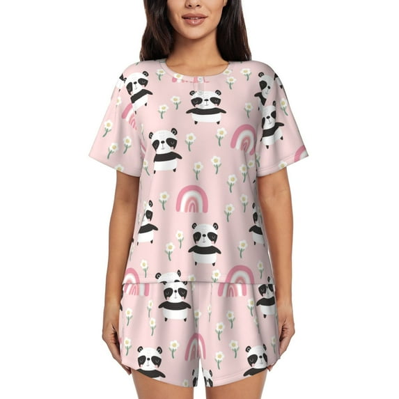 Sikiie Cute Cartoon Panda Womens Pajama Sets Short Sleeve Top With Pants Sleepwear 2 Piece Lounge SetSmall