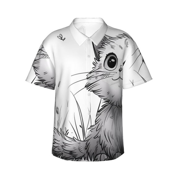 Sikiie Cute Cat Meadow Sketch Print Men's Hawaiian Shirt, Summer Beach Button Pocket Short Sleeve T-Shirt,3X-Large