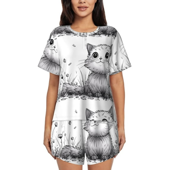 Sikiie Cute Cat Meadow Sketch Womens Pajama Sets Short Sleeve Top With Pants Sleepwear 2 Piece Lounge Set-Medium
