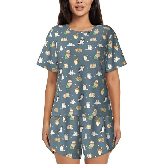 Sikiie Cute Cats And Dogs Womens Pajama Sets Short Sleeve Top With Pants Sleepwear 2 Piece Lounge SetXX-Large