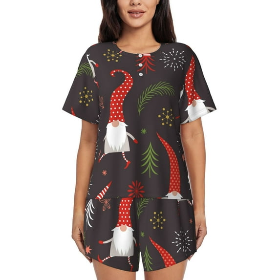 Sikiie Cute Christmas Gnomes Womens Pajama Sets Short Sleeve Top With Pants Sleepwear 2 Piece Lounge SetLarge