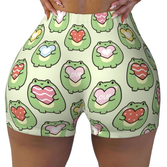 Sikiie Cute Chubby Frog Print Workout Shorts Women Scrunch Butt Gym Shorts Seamless High Waist Tummy Control Yoga Biker Athletic Shorts