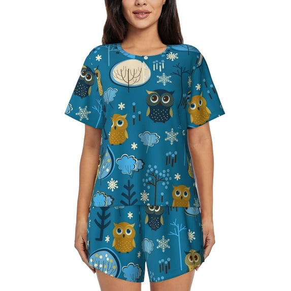 Sikiie Cute Colorful Owls And Trees Womens Pajama Sets Short Sleeve Top With Pants Sleepwear 2 Piece Lounge SetXX-Large