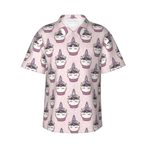 Sikiie Cute Cupcake Print Men's Hawaiian Shirt, Summer Beach Button Pocket Short Sleeve T-Shirt,Small