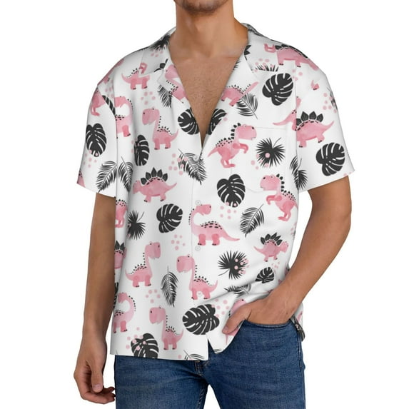 Sikiie Cute Dinosaur Men's Wrinkle Free Untucked Cuban Shirt Business Casual Button Down Shirts Short Sleeve ShirtMedium