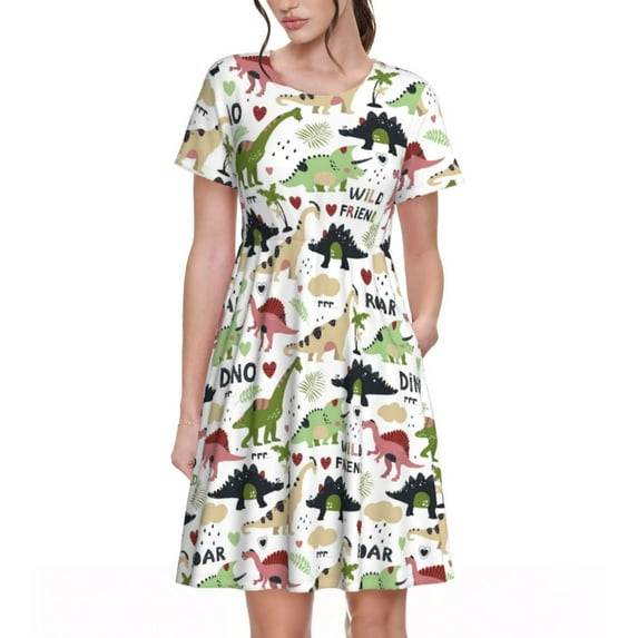 Sikiie Cute Dinosaurs Print Women's Short-sleeved Dress, Round Neck Slim Knee-length Dress, Summer Clothing Suitable for Daily Leisure and Vacation
