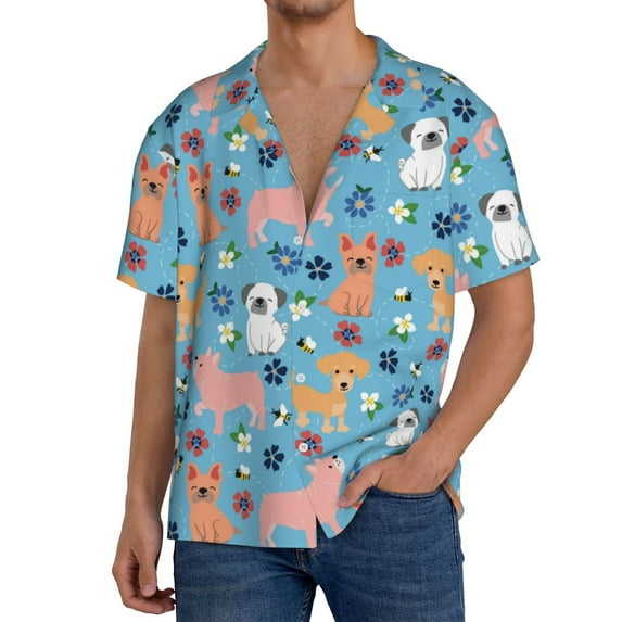 Sikiie Cute Dog Men's Wrinkle Free Untucked Cuban Shirt Business Casual Button Down Shirts Short Sleeve Shirt3X-Large