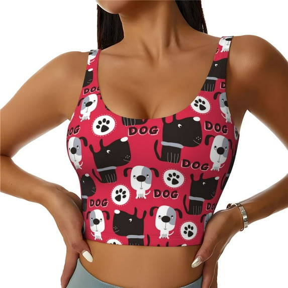 Sikiie Cute Dog Print Strappy Sports Bra for Women Padded Push Up Sports Bra Athletic Running Sports Bra Workout Bra Yoga Bra
