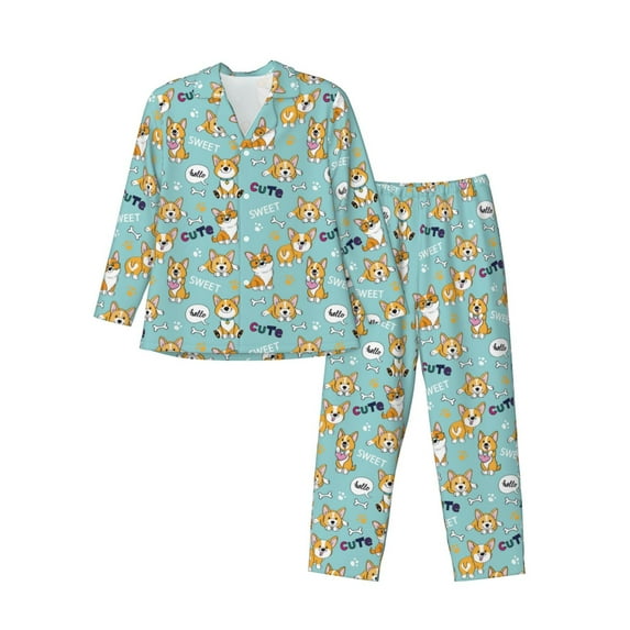 Sikiie Cute Dogs Corgi Mens Pajama Set, Soft Warm Long Sleeve Sleepwear, Cozy Button-Down Pjs for Men-X-Large
