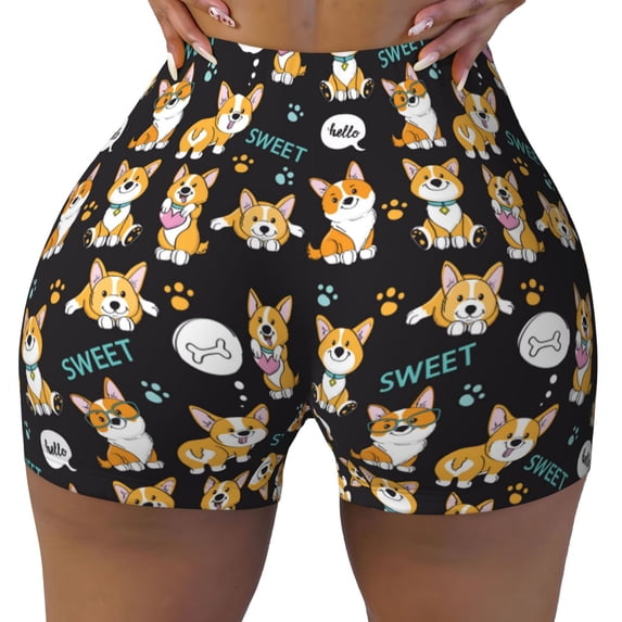 Sikiie Cute Dogs Corgi Print Workout Shorts Women Scrunch Butt Gym Shorts Seamless High Waist Tummy Control Yoga Biker Athletic Shorts
