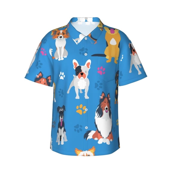 Sikiie Cute Dogs Print Men's Hawaiian Shirt, Summer Beach Button Pocket Short Sleeve T-Shirt,XX-Large