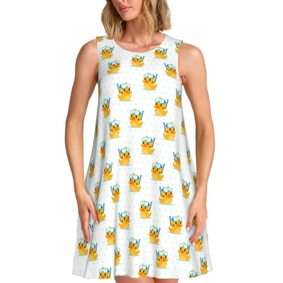 Sikiie Cute Duck Diver Print Women's Sleeveless Dress with Pockets Round Neck Sundress, Suitable for Daily, Office, Vacation Summer Wear